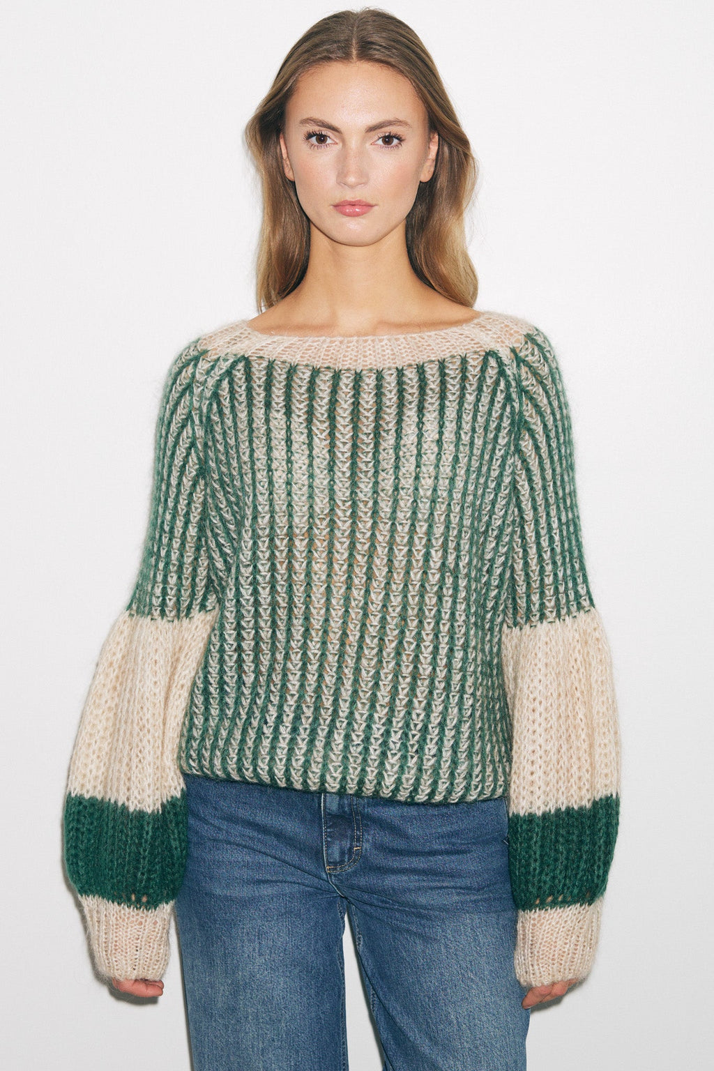Liana Knit Sweater Beige/Bottle Green
