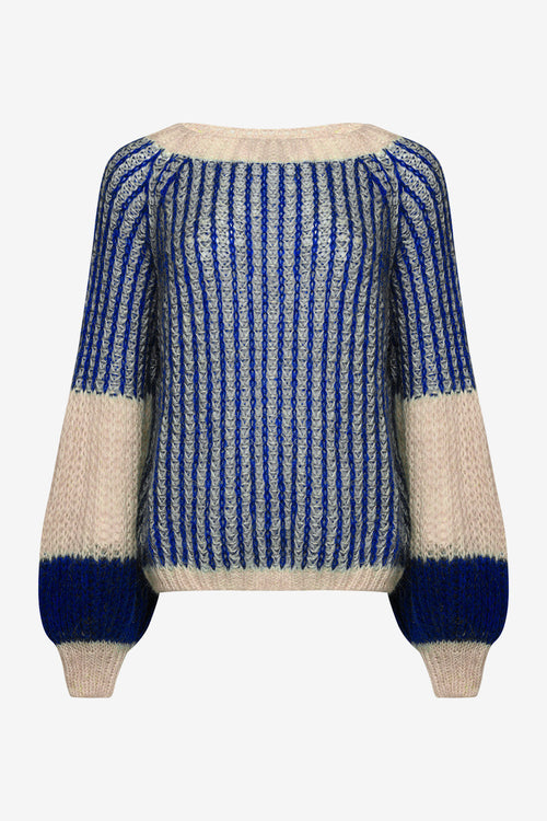 Noellas Liana Knit Sweater Cream/Cobalt Blue. Køb Striktrøjer hos www.noellafashion.dk